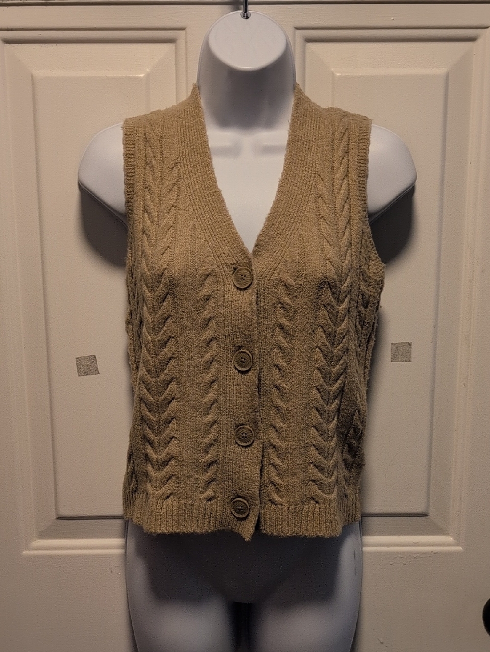 Rachel Zoe Tan Cable-Knit V-Neck Button Vest